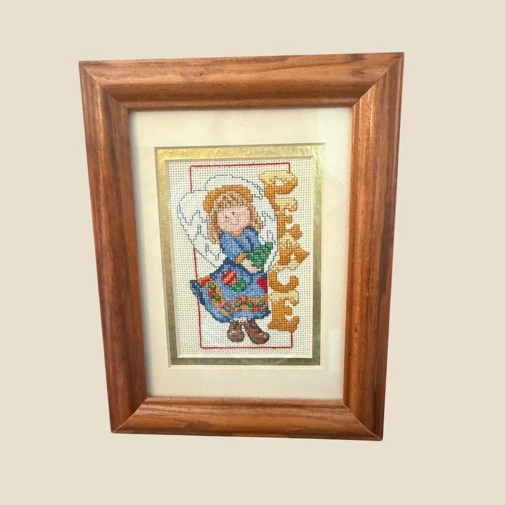 Vintage Handmade Cross Stitch Christmas Angel Peace needlepoint wood 6.5 x 8.5